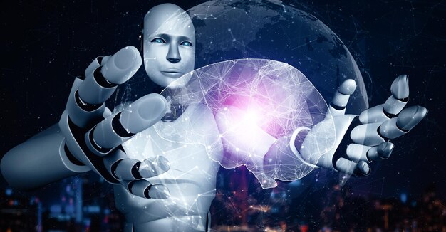 Un robot hominoide con una pantalla holográfica virtual que muestra el concepto de un cerebro artificial