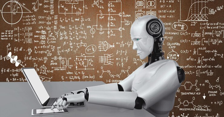 Foto el robot hominoide usa una computadora portátil y se sienta a la mesa para estudiar ciencias de la ingeniería