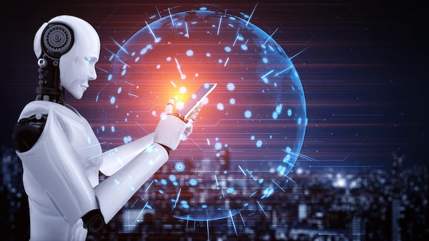 El robot hominoide usa un teléfono móvil o una tableta para la conexión a la red global