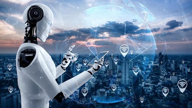 El robot hominoide usa un teléfono móvil o una tableta para la conexión a la red global