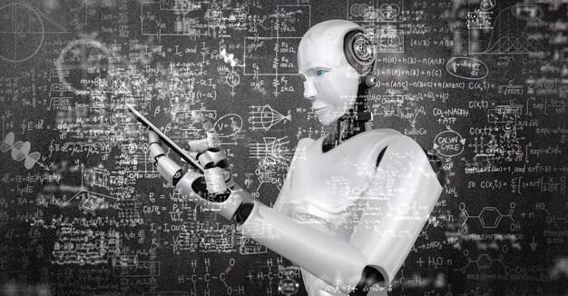Robot hominoide usa teléfono móvil o tableta para estudiar ciencias de la ingeniería