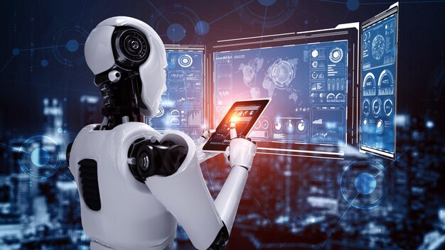 Robot hominoide usando tableta para análisis de big data
