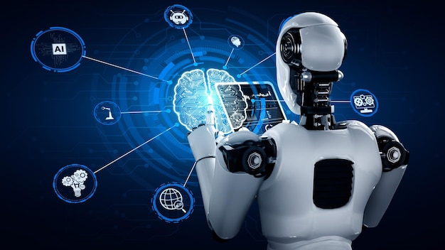 Robot hominoide usando una tableta en el concepto de cerebro pensante de IA