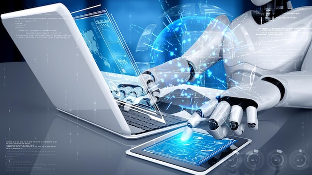 Robot hominoide usar computadora portátil y sentarse en la mesa para el análisis de grandes datos