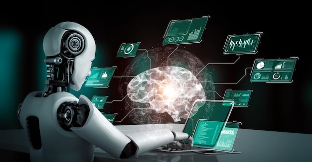 Robot hominoide usar computadora portátil y sentarse en la mesa para el análisis de grandes datos