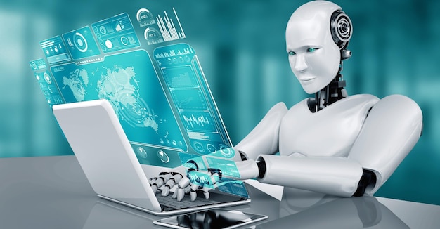Robot hominoide usar computadora portátil y sentarse en la mesa para el análisis de grandes datos