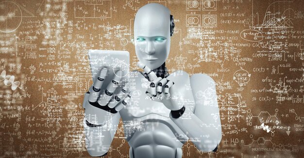 El robot hominoide Xai usa un teléfono móvil o una tableta para estudiar ciencias de la ingeniería