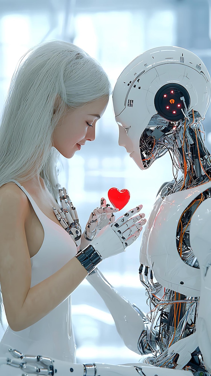 Foto un robot y un humano compartiendo una comida en un entorno de comedor futurista