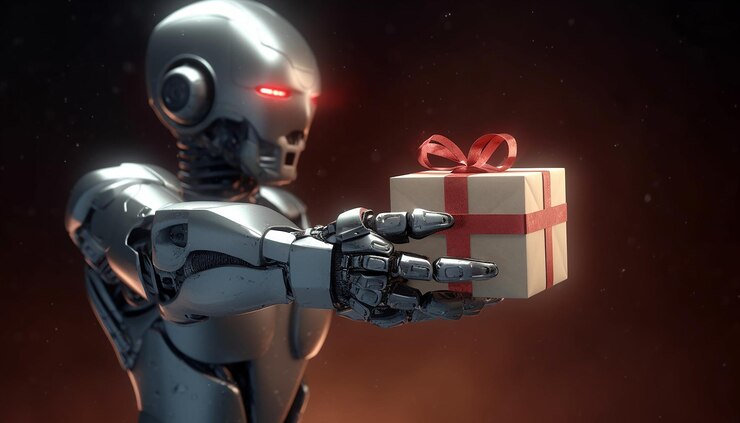 Foto el robot humano da el regalo.