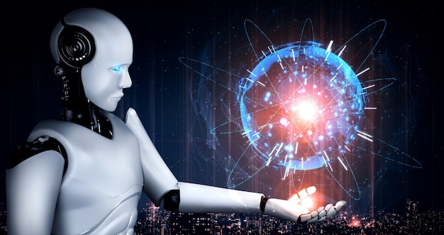 Robot humanoide AI con pantalla de holograma que muestra el concepto de comunicación global