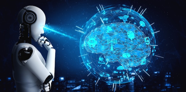 El robot humanoide AI pensante que analiza la pantalla del holograma muestra el concepto de red