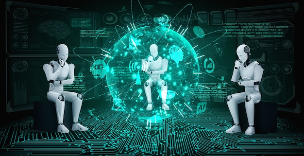 El robot humanoide AI pensante que analiza la pantalla del holograma muestra el concepto de red