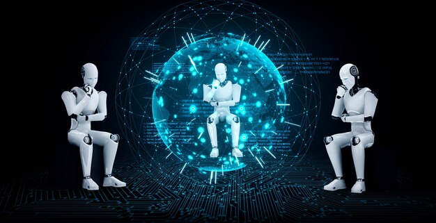 El robot humanoide AI pensante que analiza la pantalla del holograma muestra el concepto de red
