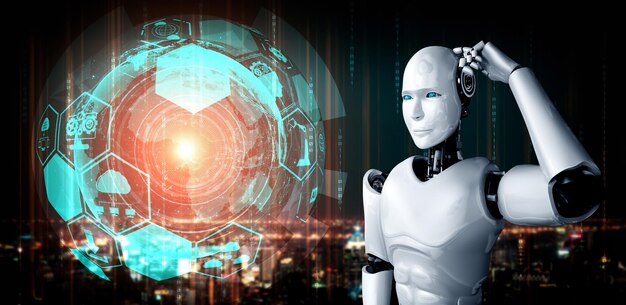 El robot humanoide AI pensante que analiza la pantalla del holograma muestra el concepto de red