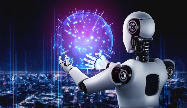 Robot humanoide AI que sostiene una pantalla de holograma muestra el concepto de comunicación global