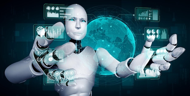 Robot humanoide AI que sostiene una pantalla de holograma virtual que muestra el concepto de big data