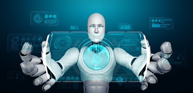 Robot humanoide AI que sostiene una pantalla de holograma virtual que muestra el concepto de big data