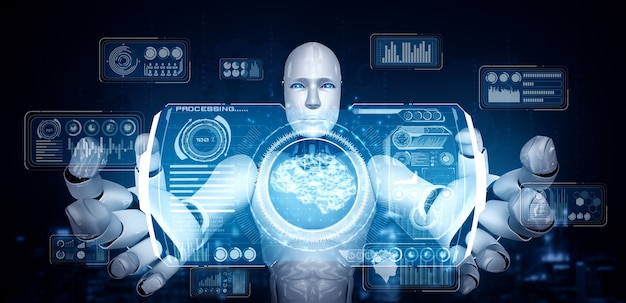Robot humanoide AI que sostiene una pantalla de holograma virtual que muestra el concepto de big data