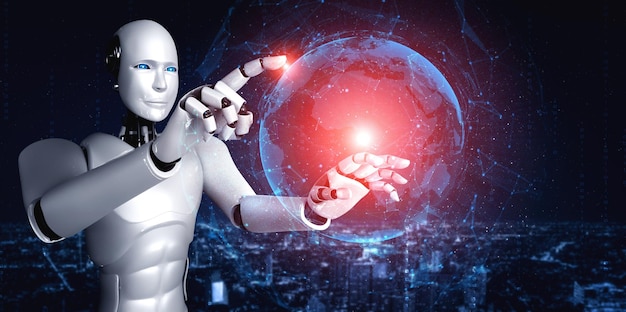 El robot humanoide AI que toca la pantalla del holograma muestra el concepto de comunicación global