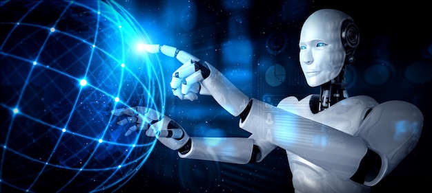 El robot humanoide AI que toca la pantalla del holograma muestra el concepto de comunicación global