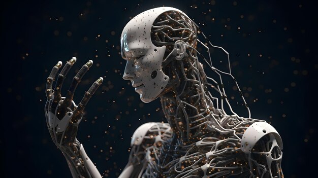 Robot humanoide antropomórfico mirando su mano en fondo negro red neuronal generada arte