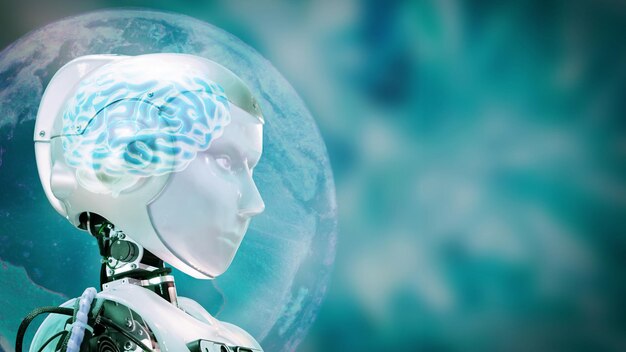 Robot humanoide con cerebro digital de IA y globo holográfico para analizar ciencia y aprendizaje concepto de automatización innovación tecnológica de inteligencia artificial y transformación tecnológica futurista