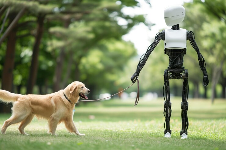 Robot humanoide con correa caminando golden retriever en el parque
