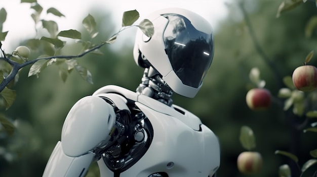 Un robot humanoide cosecha manzanas en el jardín generado por IA