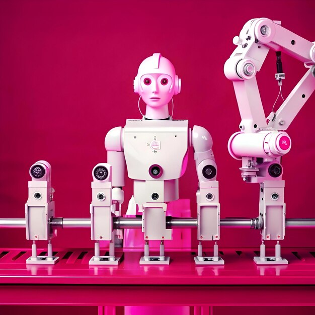 Un robot humanoide está de pie en una línea de ensamblaje rodeado de brazos robóticos que representan la automatización y el futuro de la fabricación