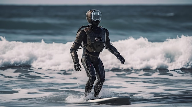 El robot humanoide está surfeando en el mar.