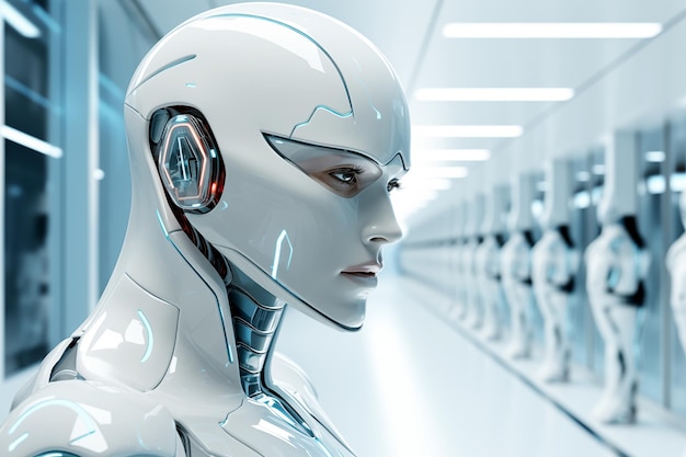 Un robot humanoide futurista de pie frente a otros robots el concepto de inteligencia artificial