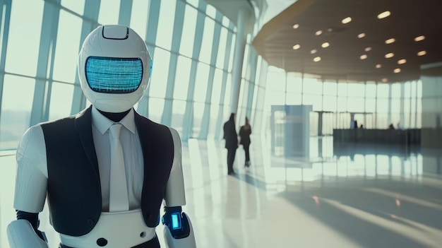 Robot humanoide futurista con ropa de negocios de pie en una oficina moderna