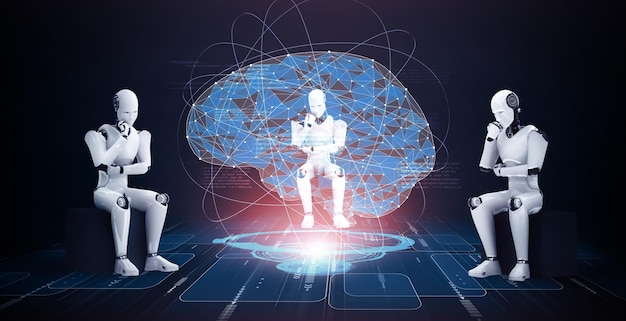 El robot humanoide de IA que piensa MLP analiza la pantalla del holograma que muestra el concepto de IA