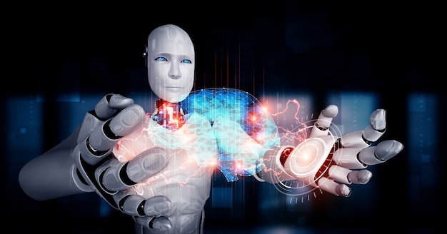Robot humanoide de IA que sostiene una pantalla de holograma virtual que muestra el concepto de cerebro de IA