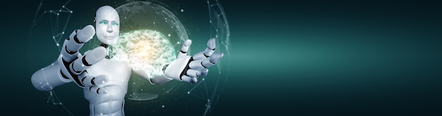 Robot humanoide de IA que sostiene una pantalla de holograma virtual que muestra el concepto de cerebro de IA