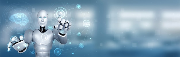 Robot humanoide de IA que toca la pantalla de holograma virtual que muestra el concepto de cerebro de IA