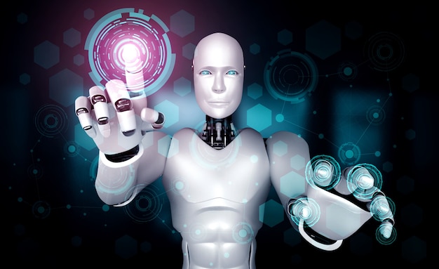 Robot humanoide de IA que toca la pantalla de holograma virtual que muestra el concepto de cerebro de IA