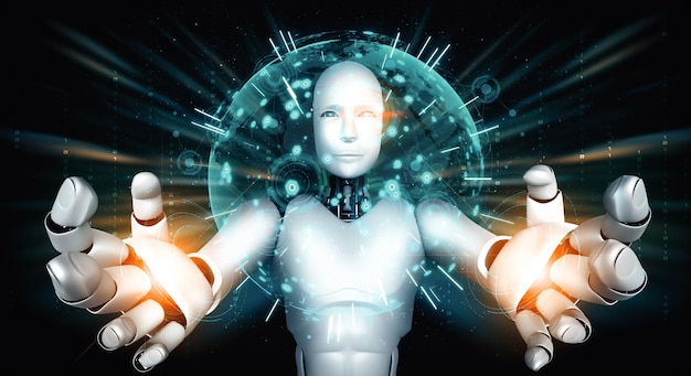 El robot humanoide de IA XAI que sostiene una pantalla holográfica muestra el concepto de comunicación global