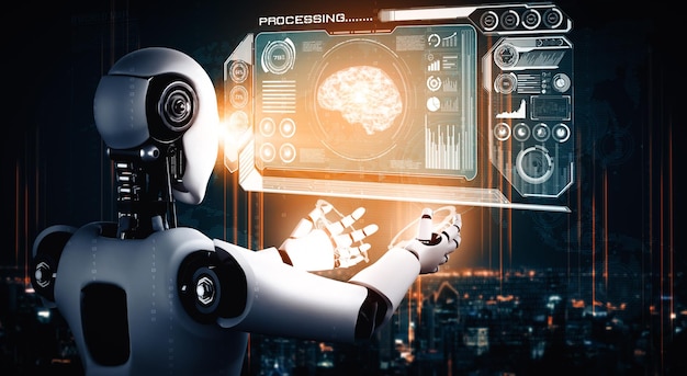 El robot humanoide de IA XAI sostiene una pantalla de holograma virtual que muestra el concepto de cerebro de IA