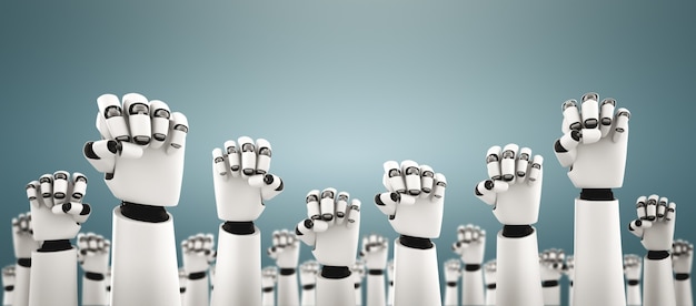 Robot humanoide levanta las manos para celebrar el éxito logrado mediante el uso de IA