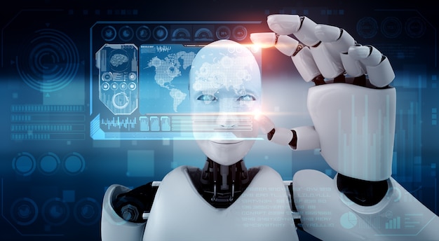 Robot humanoide mantenga pantalla de holograma HUD