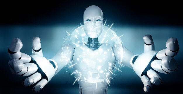 El robot humanoide Mlb ai con una pantalla holográfica muestra el concepto de comunicación global