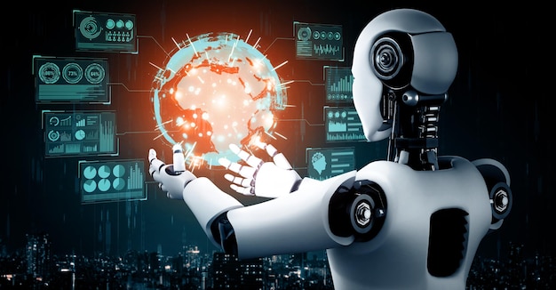 El robot humanoide Mlb ai sostiene una pantalla de holograma virtual que muestra el concepto de big data