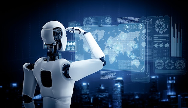 El robot humanoide de Mlb mira una pantalla holográfica que muestra el concepto de big data