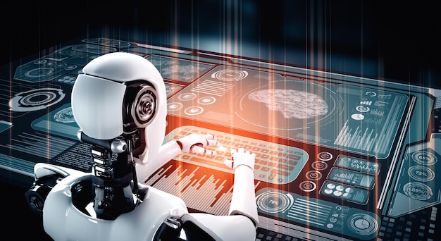 El robot humanoide de Mlb usa una computadora portátil y se sienta en la mesa para el análisis de grandes datos