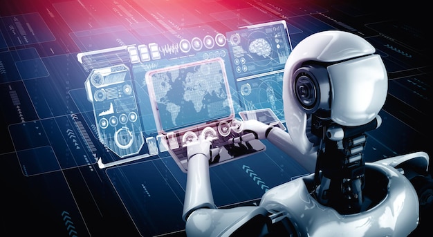 El robot humanoide de Mlb usa una computadora portátil y se sienta en la mesa para el análisis de grandes datos