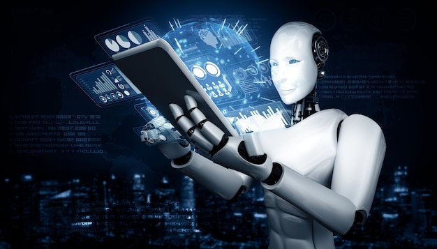 Robot humanoide de Mlb usando una tableta para el análisis de grandes datos