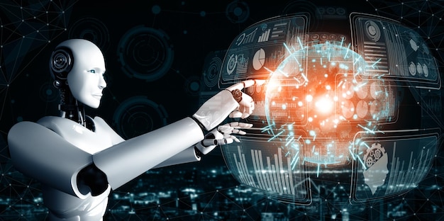 El robot humanoide Mlp ai toca una pantalla de holograma virtual que muestra el concepto de big data