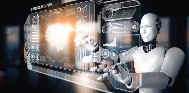 El robot humanoide Mlp ai toca una pantalla de holograma virtual que muestra el concepto de big data