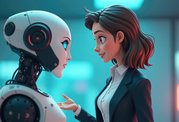 Foto un robot humanoide y una mujer en traje de negocios se miran